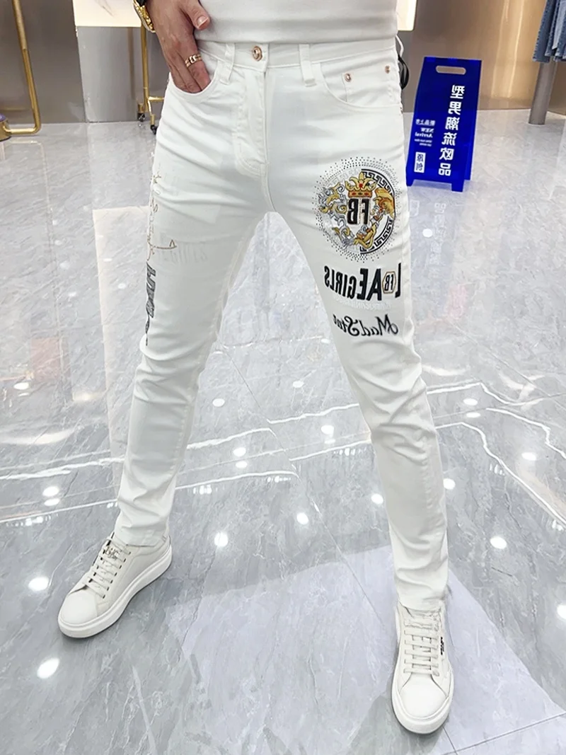 

White Embroidered Slim Fit Men's Jeans Trendy Brand Bae Lettering Faionable Casual Long Pants Straight Leg Youth Sle