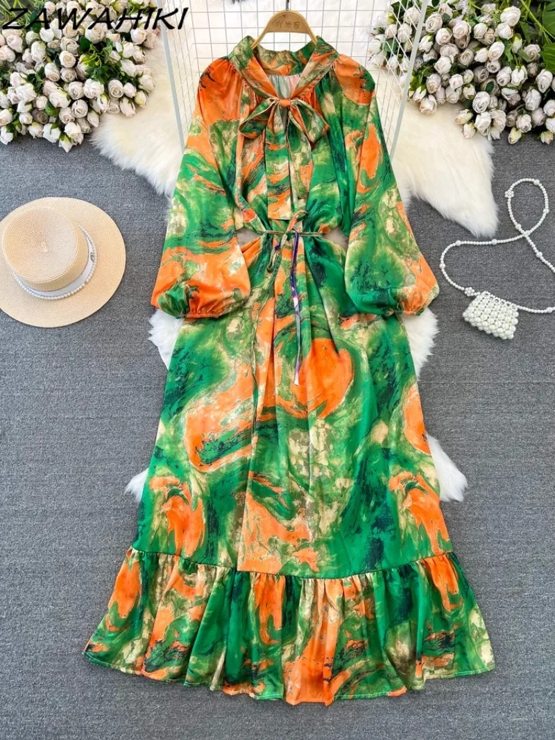 Femme Robe Temperament Fashion Patchwork Vestidos Bow Bandage Long Dresses for Women Pleated Print Floral Female Clothes