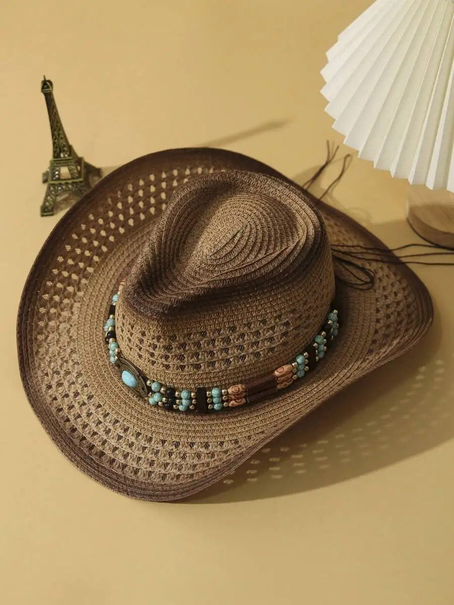 1Pc Unisex Turquoise Stone Decor Dyeing Printed Summer Travel Shade Wide Brim Cowgirl Hat Handwoven Breathable Adjustable Chin