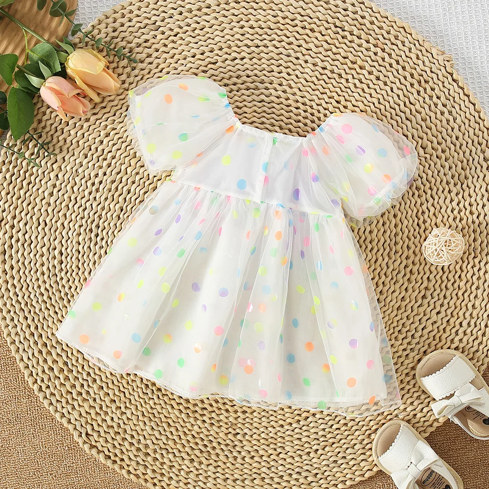 Summer Baby Girl Dress For Girls\' Birthday Party Colorful Polka Dot Big Bow Mesh Bubble Sleeve Princess Dress