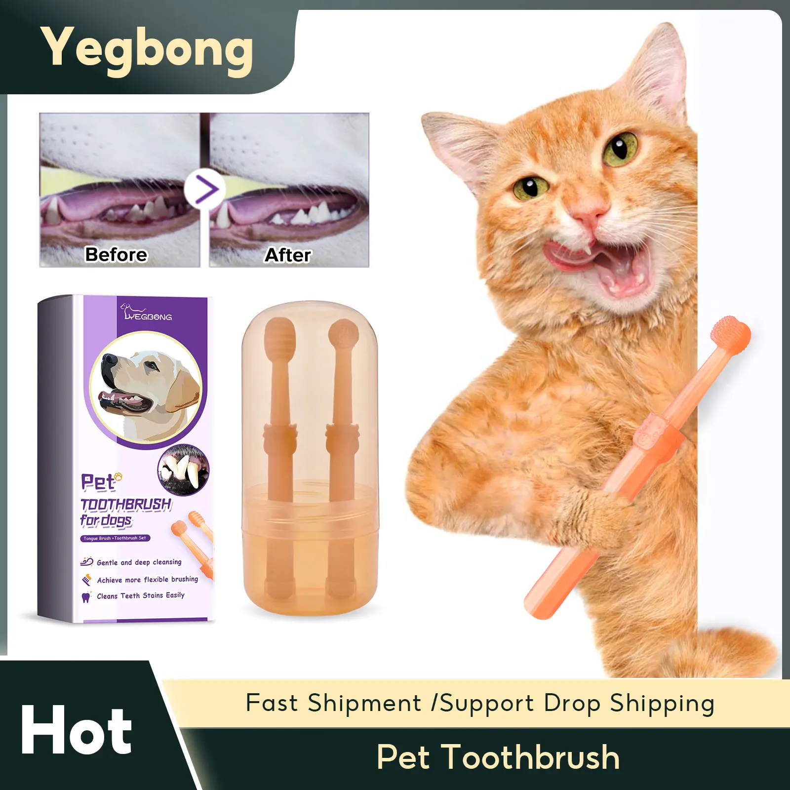 2PCS Pet Toothbrush Teeth Stain Removal Plastic Dog Toothbrush Soft Silicone Tongue Scraper Whitening Pets Teeth Cleaning Brush