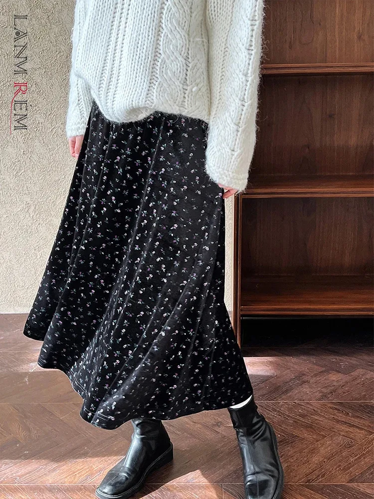 

[LANMREM] Elastic High Waist Velvet Skirt For Women A-line Mid-length Office Lady Skirts Vintage Clothes 2024 Winter New 26C1523