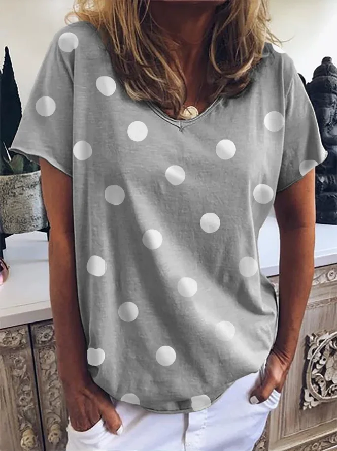تي شيرت نسائي فضفاض بنقشة البولكا دوت وأكمام قصيرة، تصميم عصري برقبة مستديرة وطباعة، قميص صيفي كاجوال بمقاسات كبيرة وأكمام نصفية
