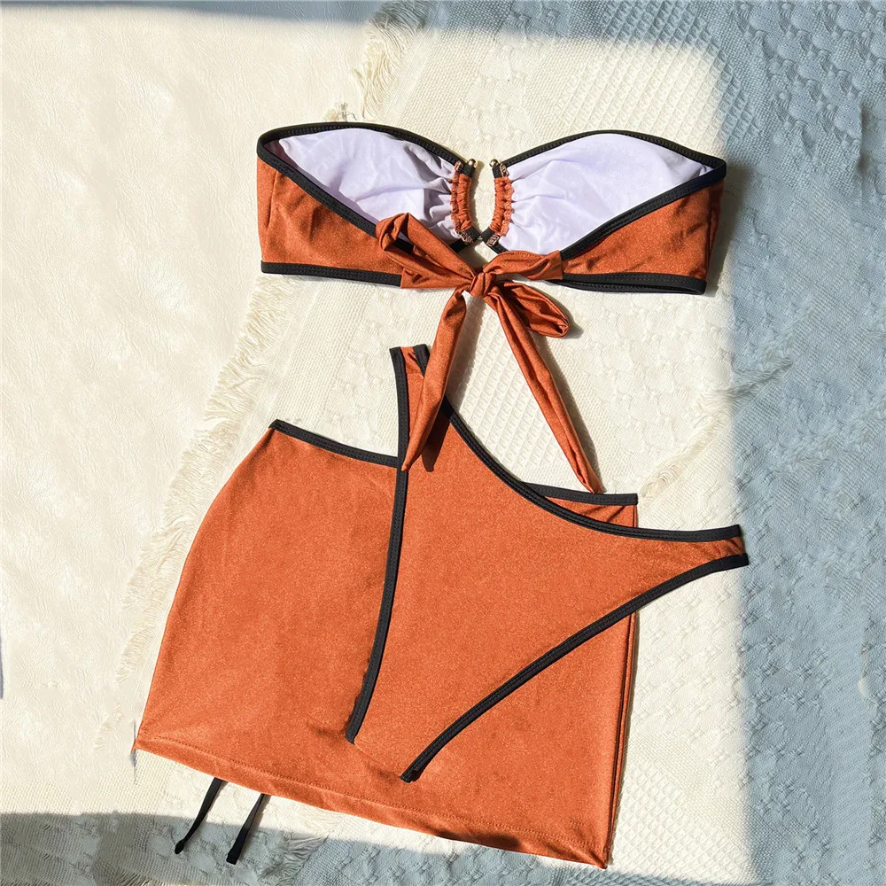 البني لامعة العصابة ملابس النساء 2025 3 قطعة مجموعة البكيني مثير المايوه التستر التنانير حلقة معدنية ثوب السباحة البيكينيات فام