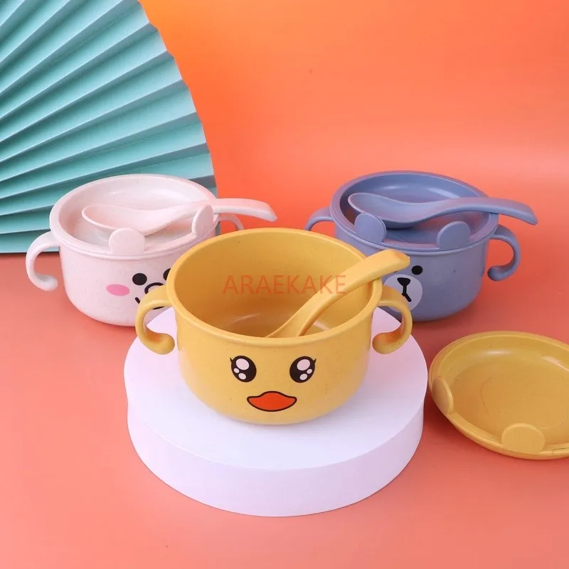 Children's Gift Wheat Straw Cartoon Children's Bowl with Lid Baby Supplementary Food Bowl Baby Bowl Anti drop and Anti scald