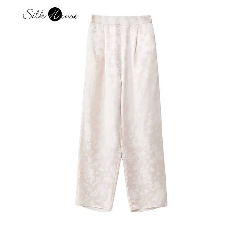 

2025 Women's Fashion Autumn New 100% Natural Mulberry Silk Jacquard Flower Rose High Waist Solid Color Straight Leg Pants