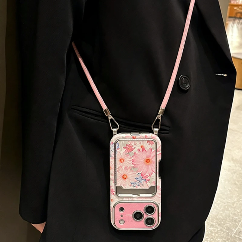Pink Floral Faux Leather Texture Card Holder Phone Case with Crossbody Lanyard for iPhone 16, 15, 14, 13, 12, 11 Pro Max view 2
