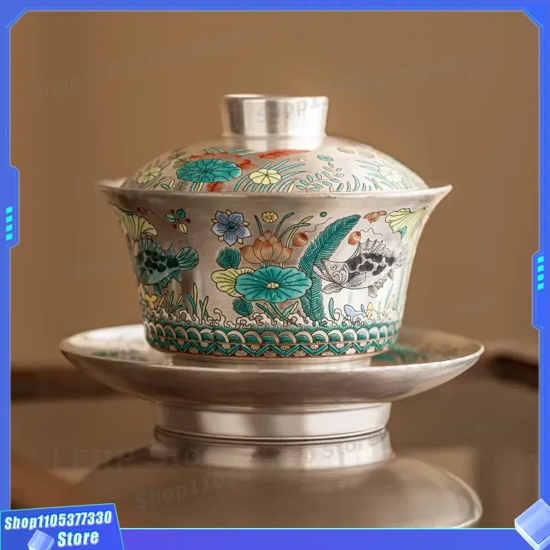 999 Silver Sancai Lidded Bowl with Fish Algae Pattern High End Chinese Kung Fu Tea Set Anti Scalding Household Single Cup