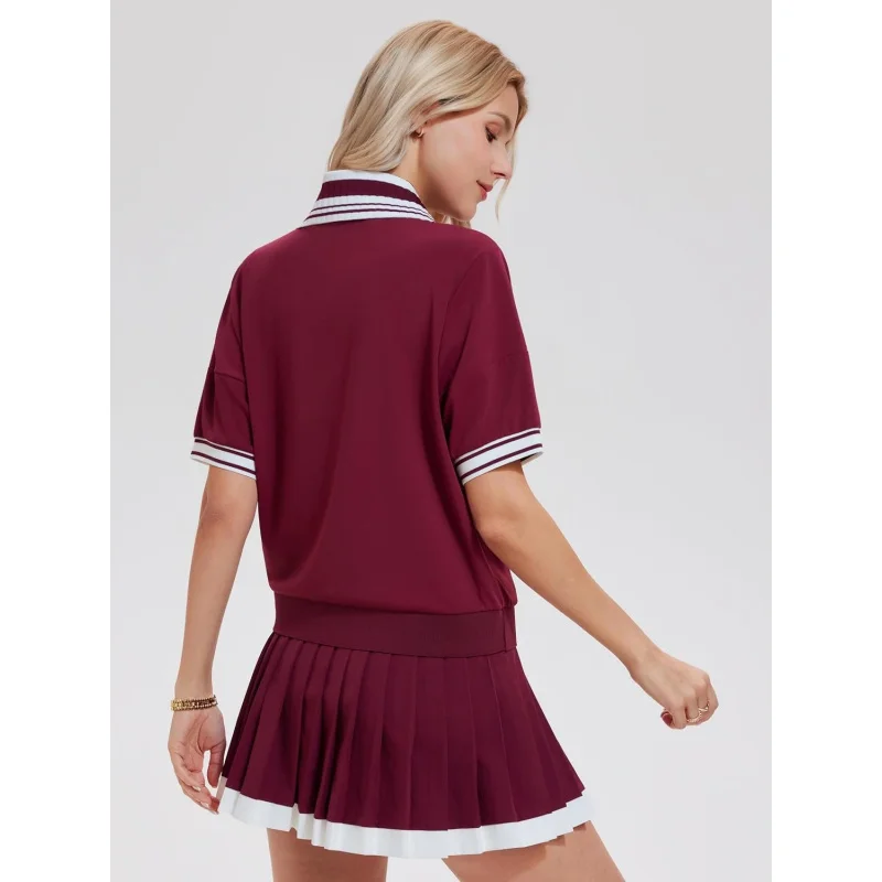 SharpStar Women'S Tennis Skirt Set 2pcs Color-Block Ribbed Tennis Shirt Athletic Dress Golf Skorts For Pickleball Pockets