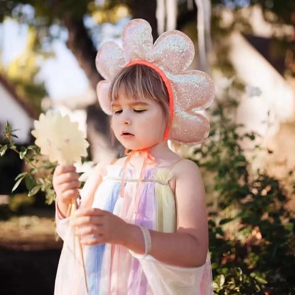 1 PC INS Girl Birthday Glitter Pink Flower Headwear Kids Sun Party Hat Photography Props Cloud Wand