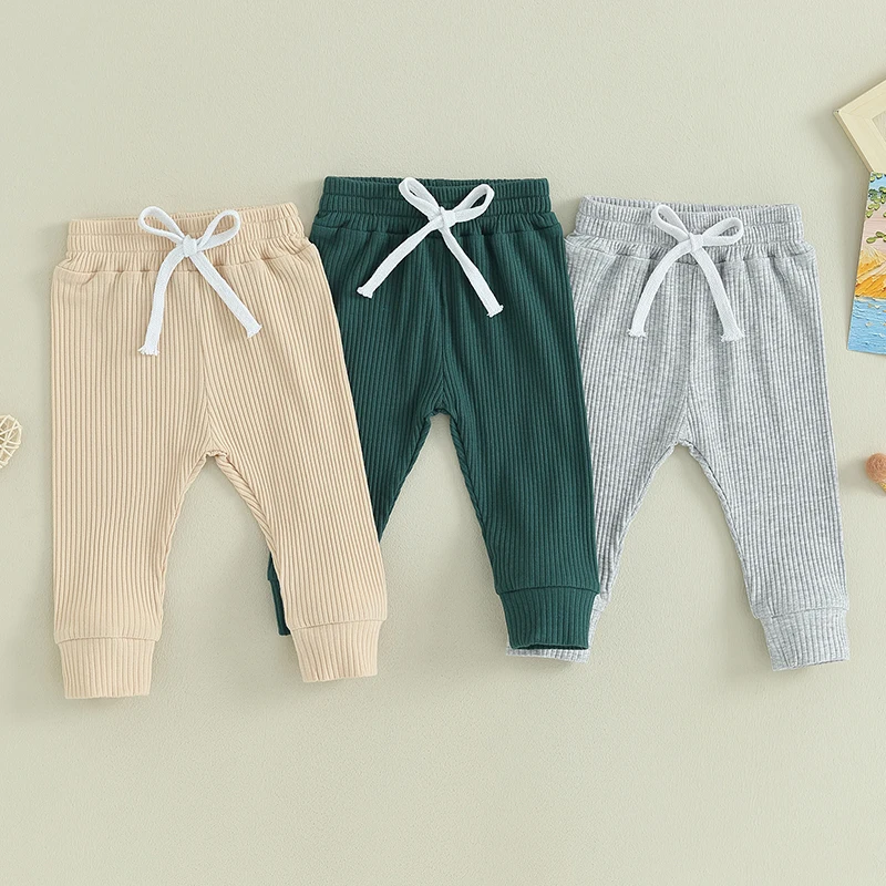 Mubineo Toddler 3 Piece Long Pants Winter Baby Solid Color Casual Fashion Slim Fit Ribbed Bottom Infant Knitted Pull-Up Pants