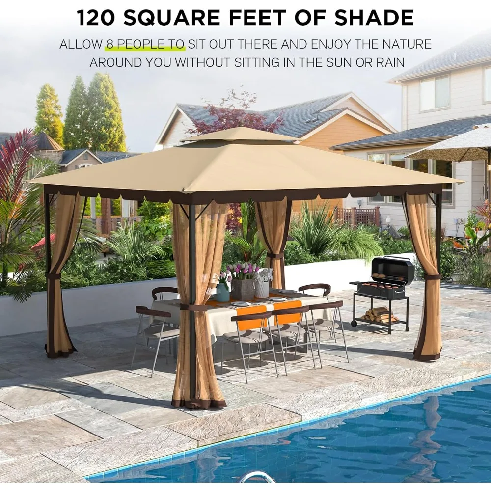 10x12,Gazebo with Mosquito Netting[Metal Heavy Duty Frame],Outdoor Canopy Gazebo with Mosquito-Proof Wave Edge