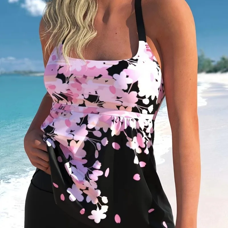 

Plus Size Women's Tropical Leaf Print Halter Bikini Set - Sexy Split Swimwear with High-Waist Bottoms