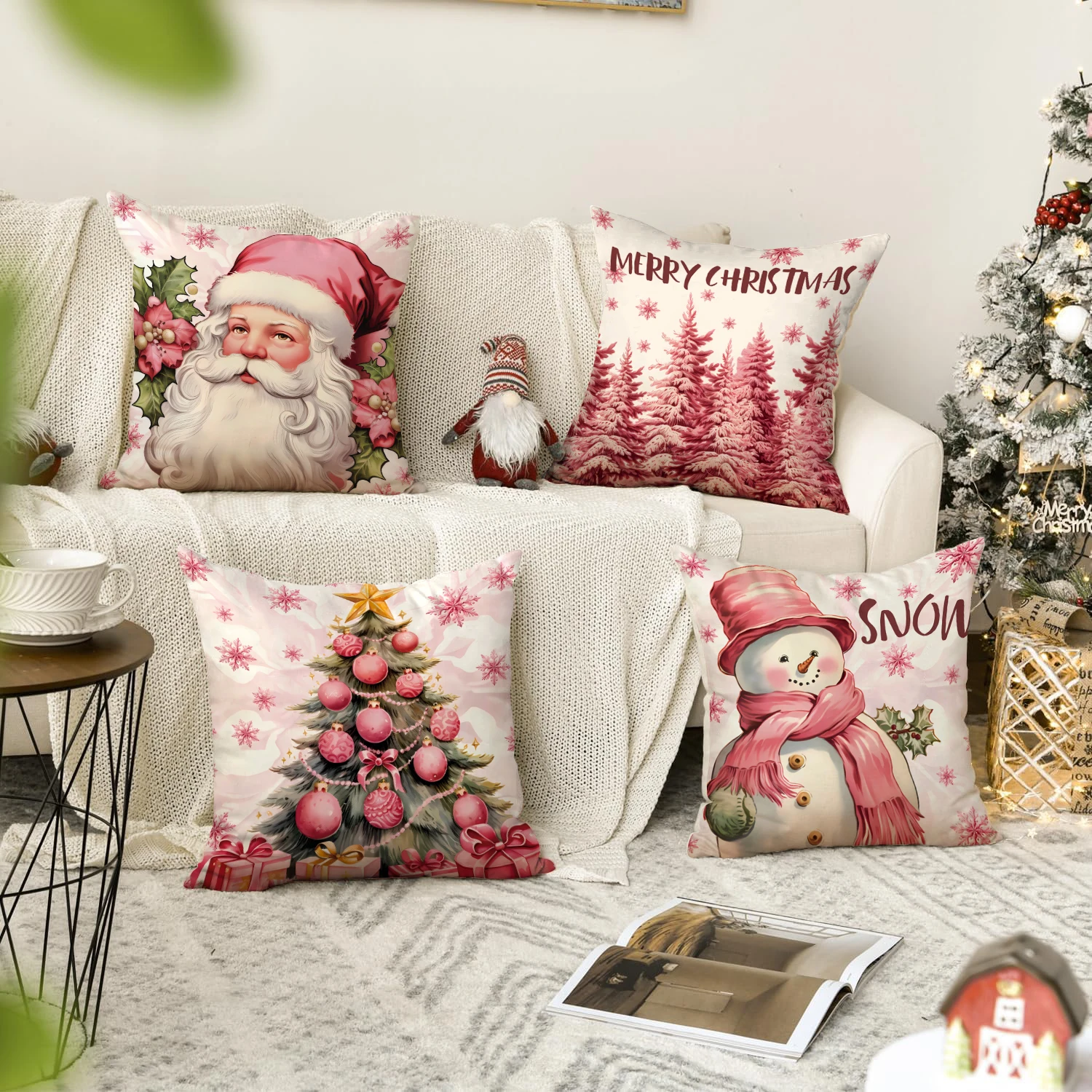 1pc/4pcs Christmas Pillow Cover, Dwarf Santa Claus Festive Decoration Living Room Sofa Cushion Cover, Christmas Decorations