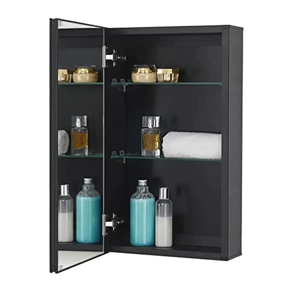 

Black Aluminum Bathroom Wall Cabinet with Mirror Adjustable Glass Shelves Soft Close Hinge 14 x 24 inches Reversible Opening