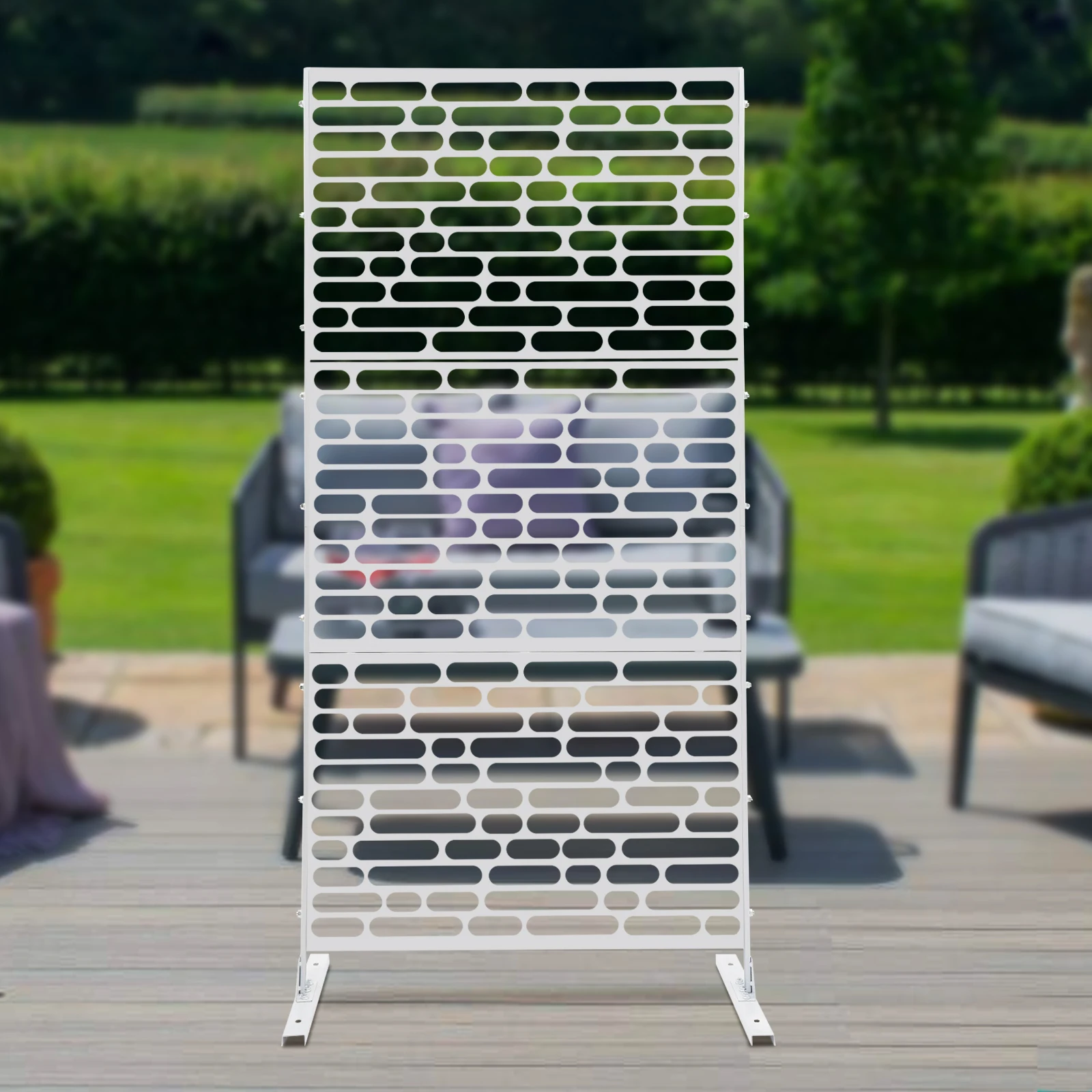 Freestanding Steel Privacy Screen, 3 Panels High-Temperature Baking Paint Decorative Partition With H Base, Openwork Pattern Room Divider For Garden Balcony Backyard