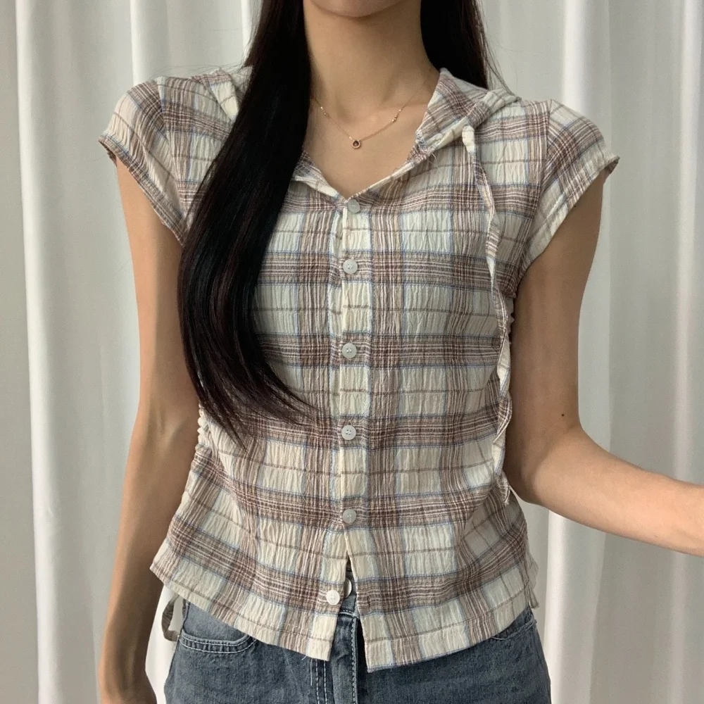 

Korean Style Short Sleeve Shirt Women's Casual Fashionable Hoodie Waist Cinched Versatile Drawstring Summer New Arrival