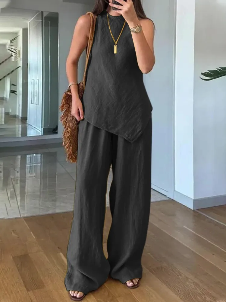 Summer Cotton Linen Loose 2 Piece Sets Women's Solid Irregular Hem Top Outfit Casual Sleeveless O-neck Top Wide Leg Pants Set