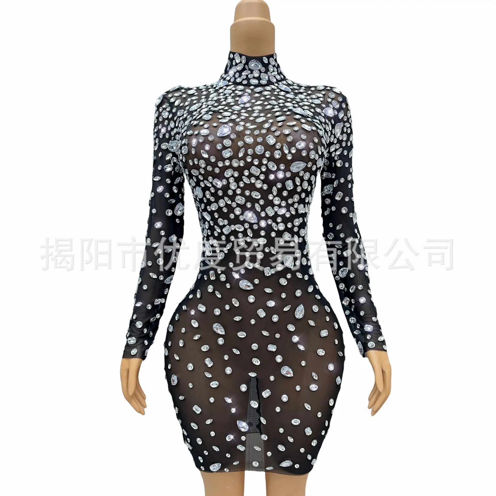 

Black Design Turtleneck Long-sleeved Wine Party Bright Perspective Mesh Rhinestone Birthday Night Dress Big Crystal Partykleider