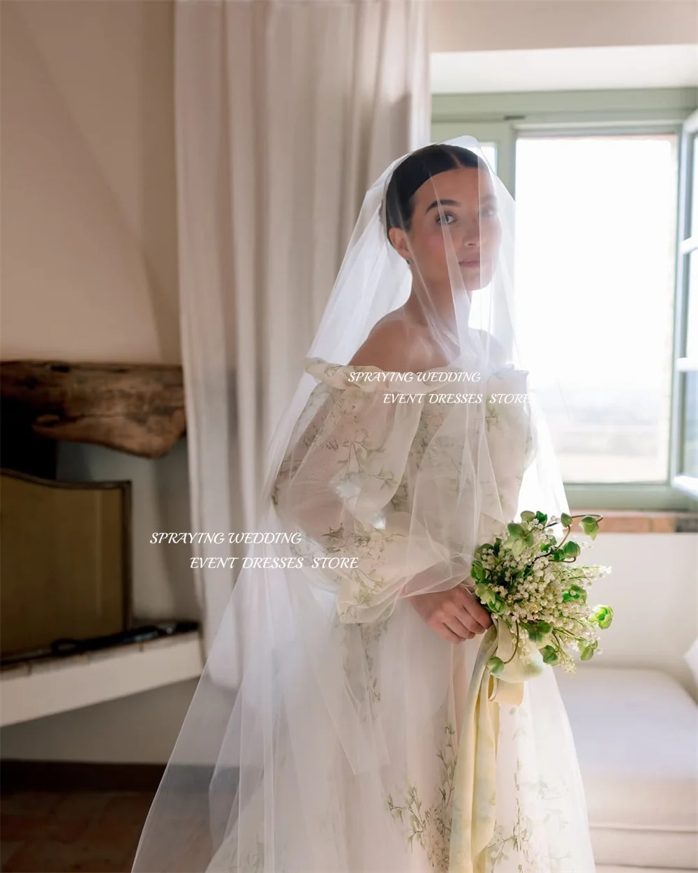 Robe de mariée en Organza imprimé floral, épaules dénudées, manches longues, traîne longue, robe de soirée de mariage personnalisée