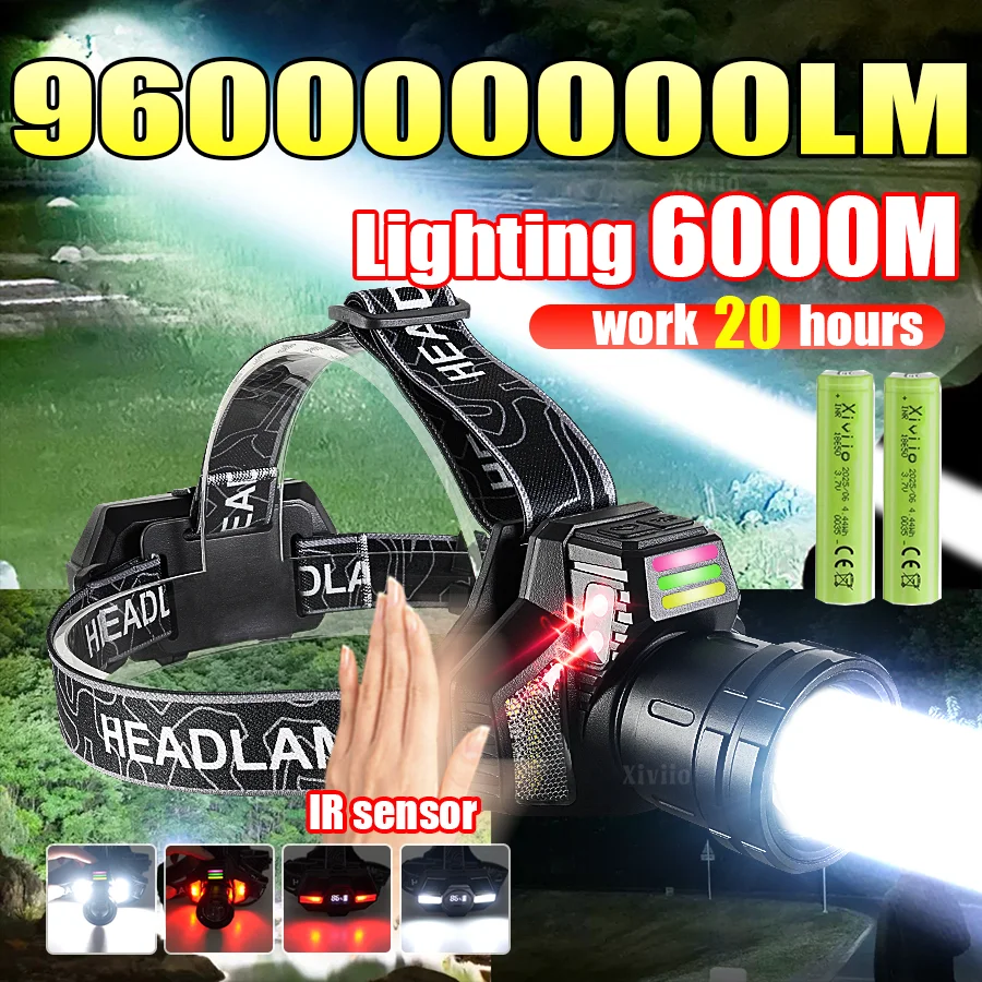 새로운 고출력 1200W LED 헤드라이트 960000000LM 초강력 줌 방수 헤드램프 야외 캠핑 작업 사냥 랜턴