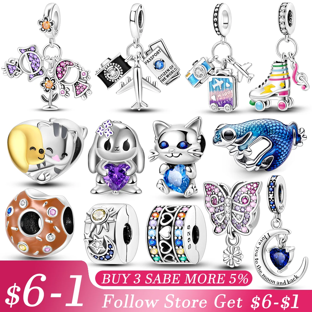 

925 Sterling Silver New Rabbit Cat Dog Aircraft Star Heart Charm Fit Pandora Bracelet Silver Original Charms For Jewelry Making