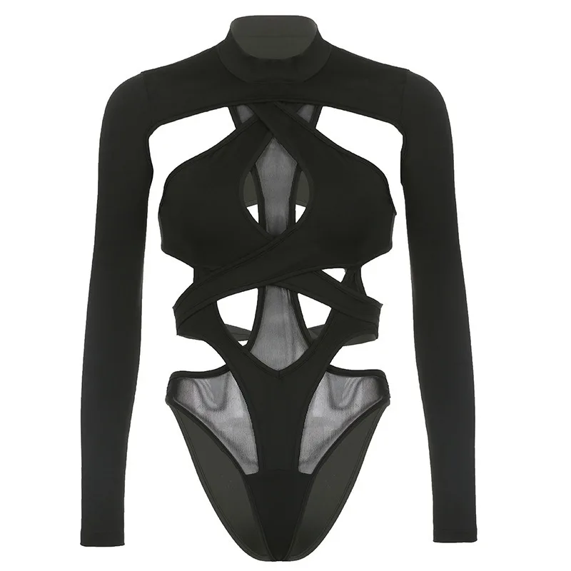 Goth Sexy Solid Color Jumpsuit Women Y2k Hollow Out Cyber Punk Long Sleeve Patchwork Bodysuit Streetwear Emo Alt Rave Outfit