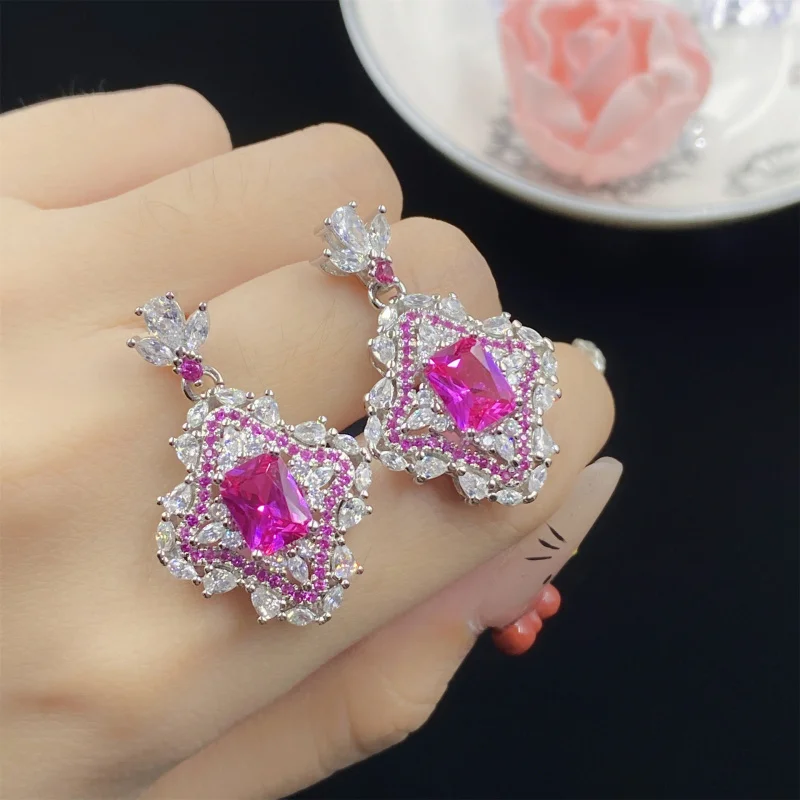 Luxurious Rectangular Red Corundum Fluorescent Light Color-Changing Full Diamond Elegant Short Earrings for Women Ear St