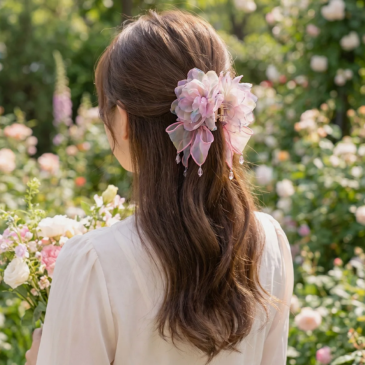 New Sweet Vacation Wisteria Hair Claw - French Floral Ribbon Shark Clip for Women, Cute Décor Gift Girl Hair Accessoires