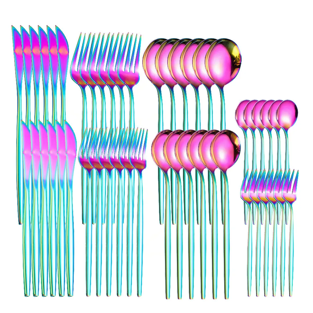 Rainbow Cutlery Set Mirror Colorful Stainless Steel Dinnerware Set 48Pcs Knifes Forks Tea Spoons Kitchen Tableware Flatware Set