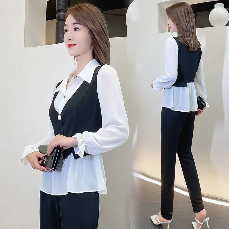 Fashion Lapel Shirt Fake Two-piece Top Spring Autumn New Vest Pants Long Sleeved Women\'s Two-piece Set M-4XL