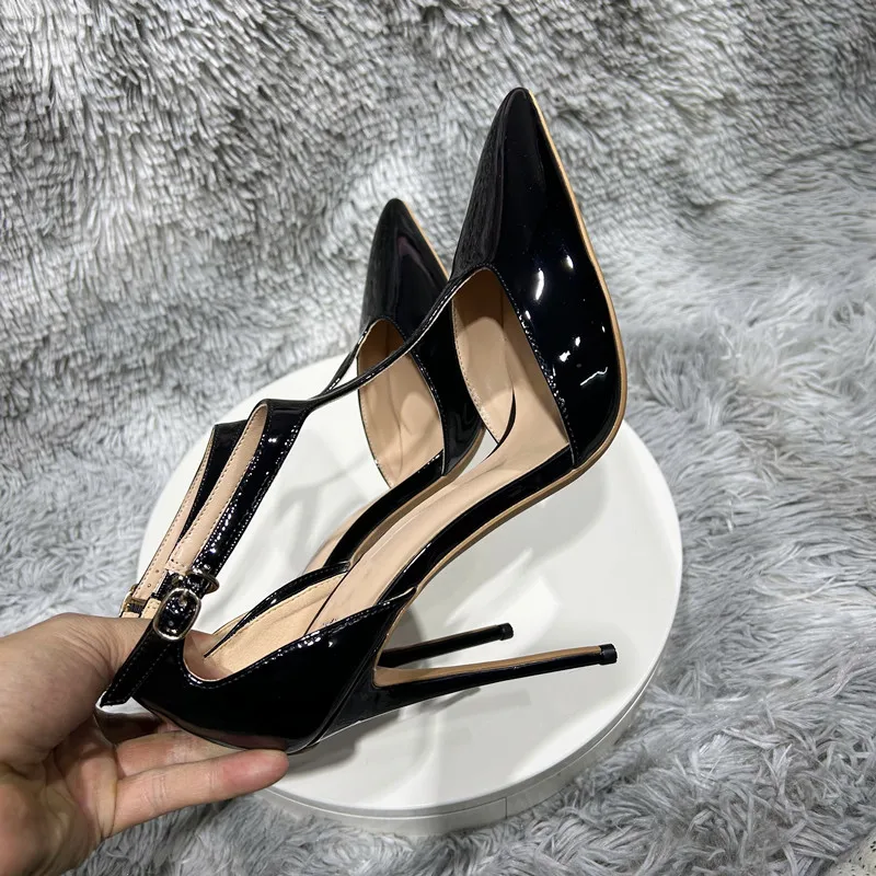 Tikicup Summer Women T-Strap Pointy Toe High Heel Shoes Solid Glossy Black Sexy Ladies Formal Dress Stiletto Pumps Customizable