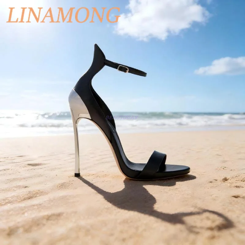 One Line Wine Glass Heel Sandals Fashionable Temperament Buckle Side Empty Metal Heel Bag Heel Leather Splicing Slim High Heels