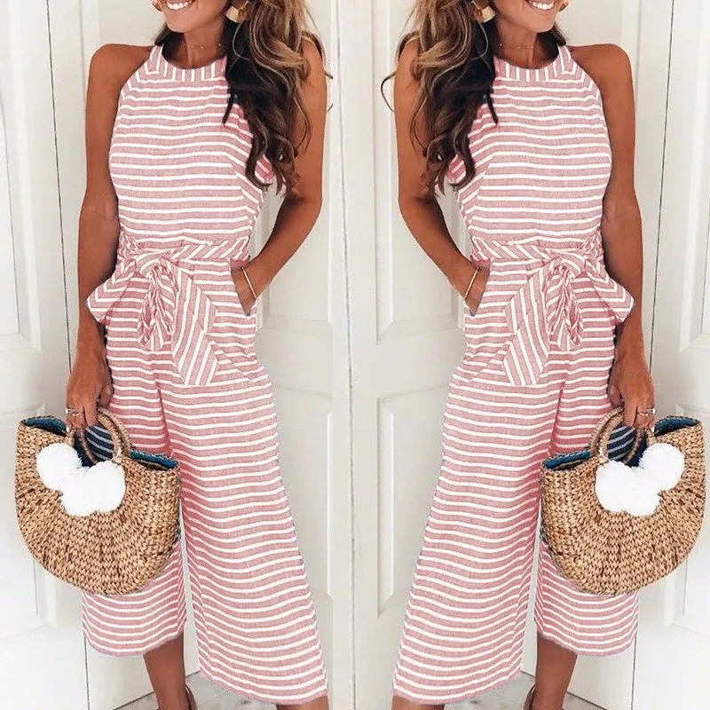 Jumpsuit Women 2024 Summer New Fashion Stripe Lace Up Pocket Design Casual Round Neck Sleeveless Daily Wide Leg Long Jumpsuits