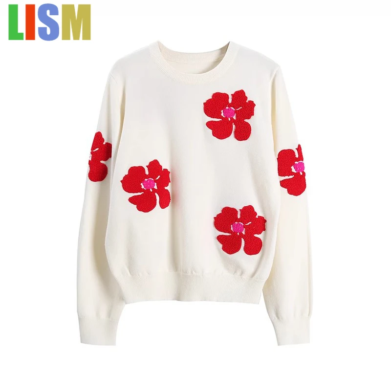 

LISM y2k hoodies Women's Knitted Sweater Round Red Jacquard Knit Pullover Korean Fashion Long Sleeve winter clothes for woman