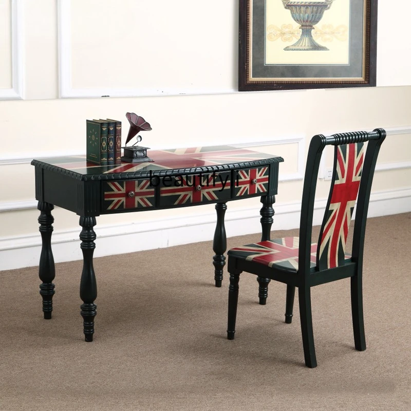 European solid wood computer table and chair combination, British rice flag study furniture retro desk and chair