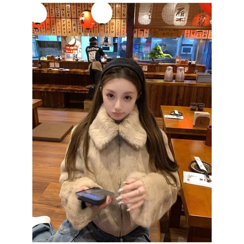 Casaco de pele de coelho rex de imitação quente e vestível com gola alta de pele ecológica para mulheres curto engrossado