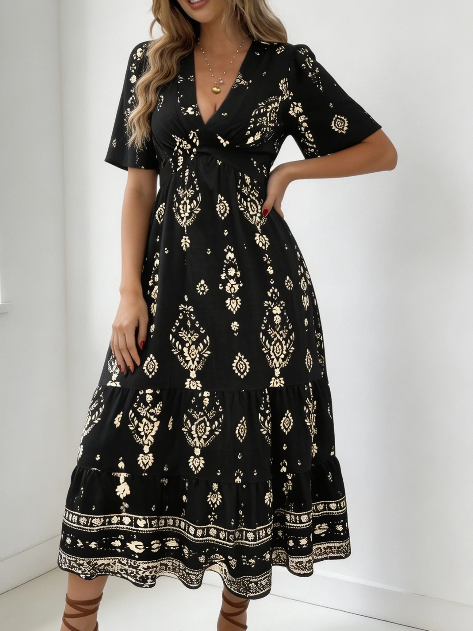 Frühling Sommer Neues Lässiges Pflanzenmuster-Kleid mit Tiefem V-Ausschnitt und Kurzen Ärmeln, Verziertes Maxikleid für Strand, Date und Urlaub