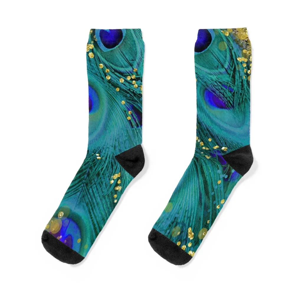 

Dreamy peacock feathers, teal and purple, glimmering gold Socks halloween luxury Novelties Socks Man Women's