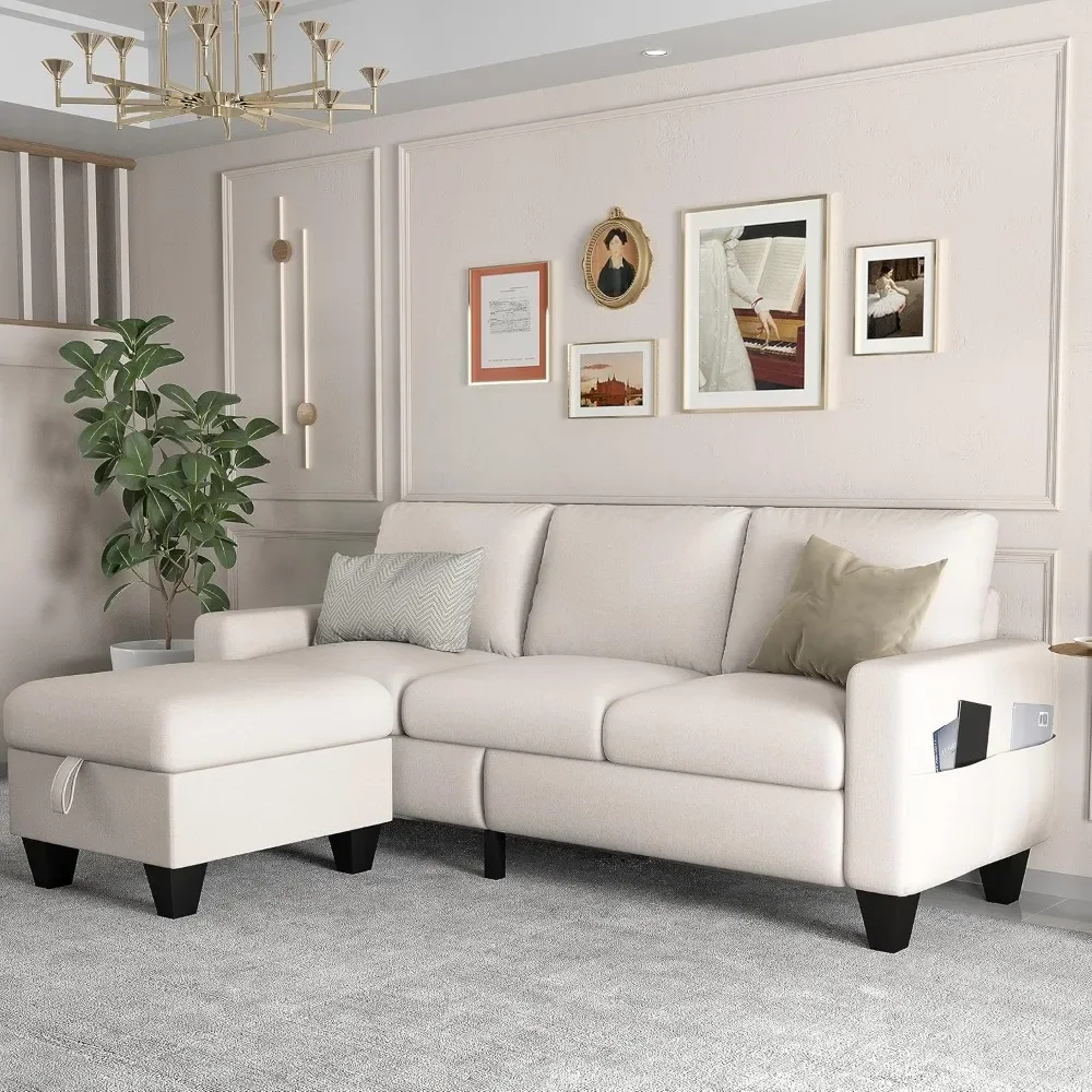 Living Room Sofas,Linen Modern 3 Seater L Shaped Upholstered Convertible Sectional Sofa