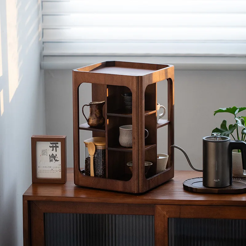 

Walnut rotatable floor rack Solid wood tea cup holder Small wooden tea ceremony Installation-free multi-layer storage rack