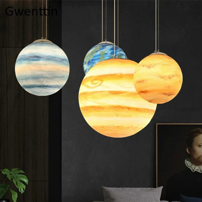 Creative Chandelier Planet Pendant Light Ceiling Resin Ball Moon Hanging Lamp Children Room Lighting Fixture Home Deco Luminaire