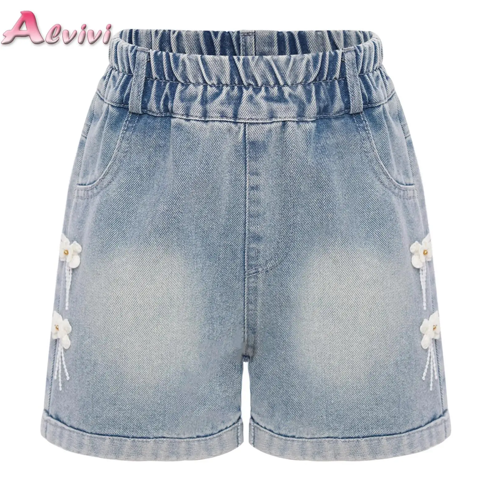 

Summer 2025 Kids Girls A-line Denim Shorts Korean Ruched Pearl Stretch Childrens Girls Jeans 3-14Year Young Girls Shorts
