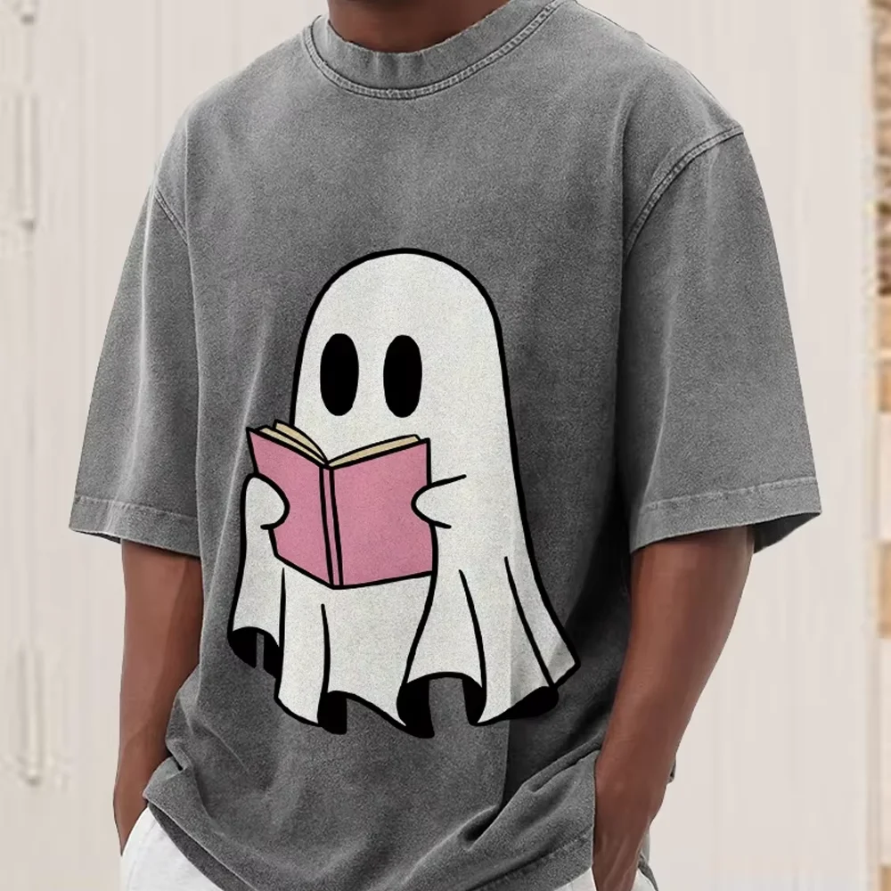 

Graphic T-Shirt Ghost Reading Book Y2k Print T-Shirt Spooky Cute Washed Cotton Casual Wear Trendy Halloween Design Fun Vibe Tee