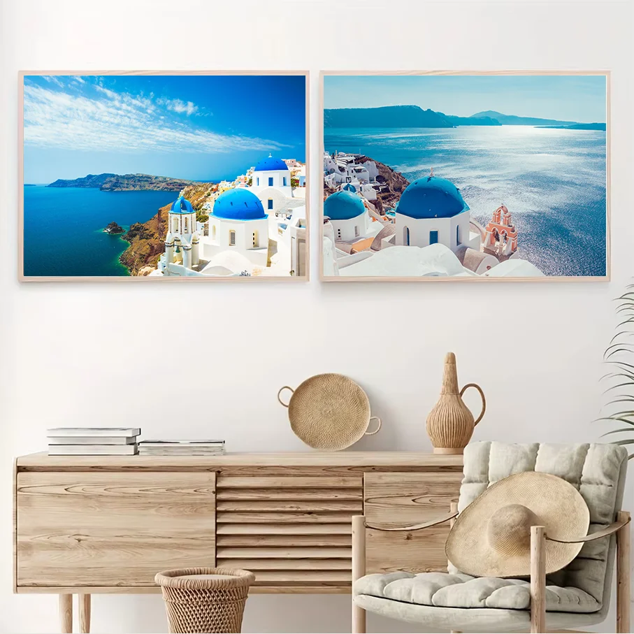 Frameless Canvas Print Santorini Blue Dome Church Sea View Landscape Wall Art Home Decor Picture No Frame