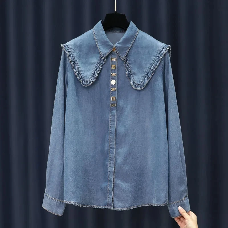 2025 New Fashion Female Denim Shirt Spring Autumn Splicing Side Of Fungus Shawl Collar Loose Tops Washed Women\'s Cowgirl Shirt