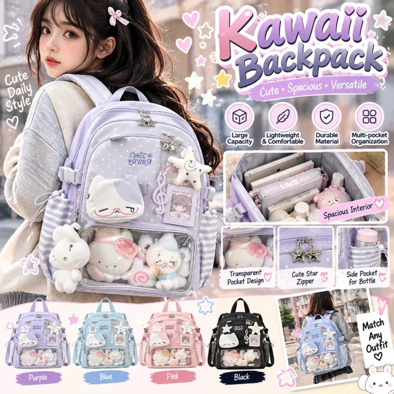 Y2K Mint Itabag Backpacks Cute Clear Transparent Window Plush Doll Display Large Capacity Student School Bookbag Girls Gift New