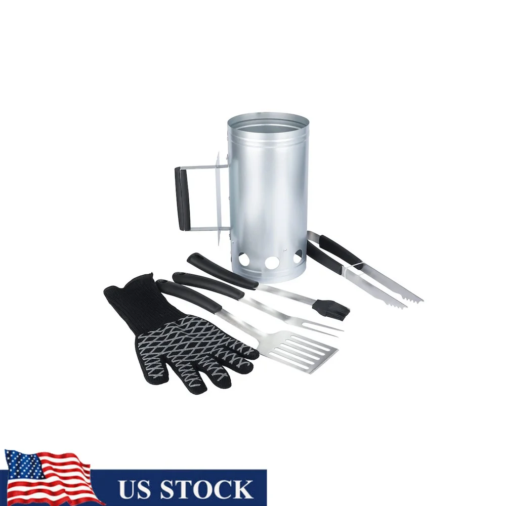 

Steel Charcoal Chimney Starter Set with BBQ Fork Spatula Silicone Basting Brush Tongs EN407 Certified Heat Resistant Gloves