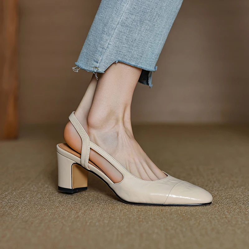 NEW Summer Women Sandals Genuine Leather Shoes for Women Cover Toe Slingback Shoes Narrow Band Square Toe High Heel Women Shoes