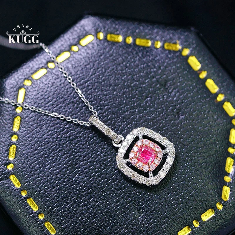 KUGG 18K White Gold Necklace Fashion Square Design 0.37carat Real Natural Pink Diamond Pendant Necklace for Women Party Jewelry